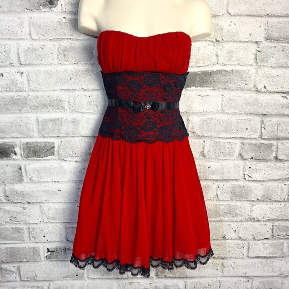 Vintage Y2K Red Sheer Black Lace Corset Strapless Babydoll Dress - Picture 1 of 16